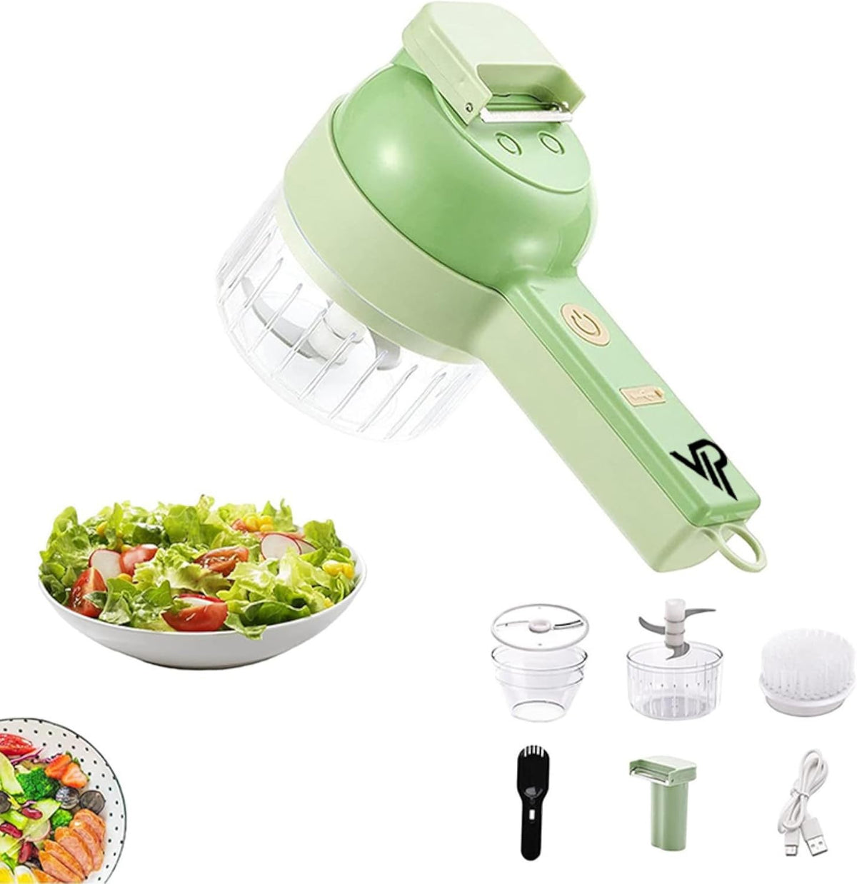 SnapPrep kit laid out: motor handle, chopper cup, slicer cup, peeler head, brush head and USB‑C cable